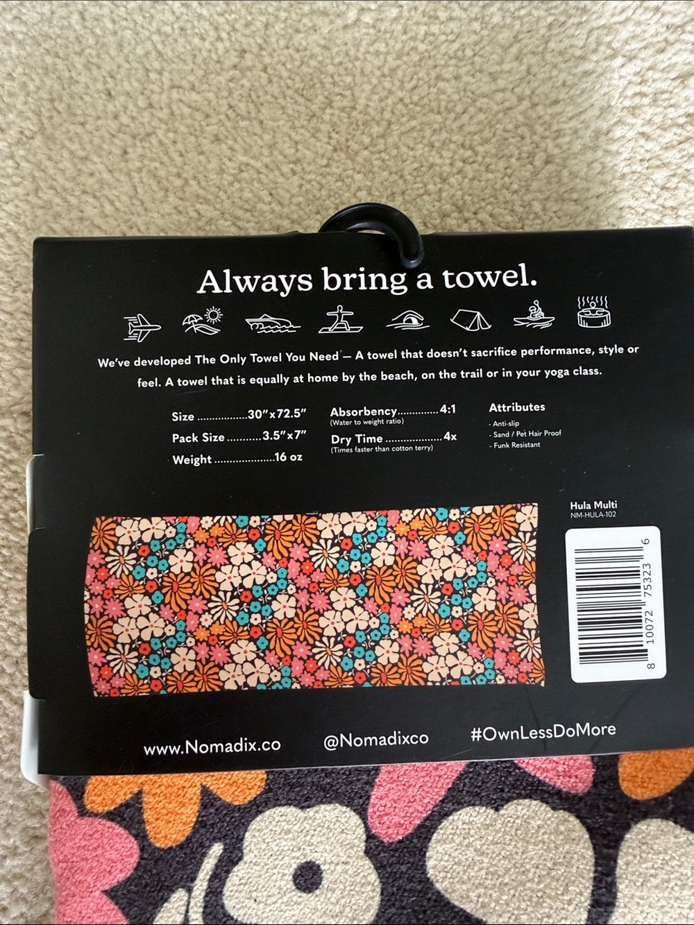 Nomadix New Multi Floral Beach Towel - Black, Orange & Pink - Picture 3 of 4